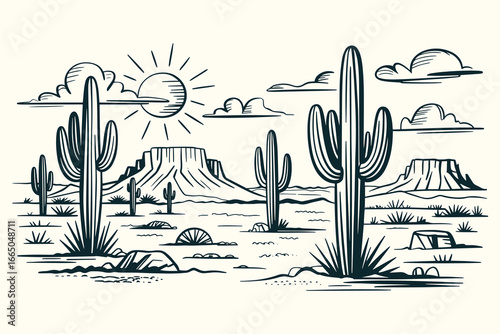Black and White Vintage Western Desert Illustration with Saguaro Cacti, Mesas, Sun, Clouds, Rocks, Sketchy Ink Hand-Drawn Style