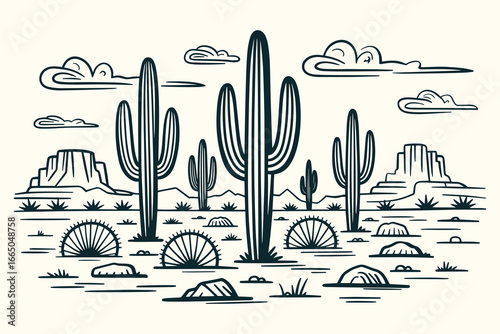 Black and White Vintage Western Desert Illustration with Saguaro Cacti, Mesas, Sun, Clouds, Rocks, Sketchy Ink Hand-Drawn Style