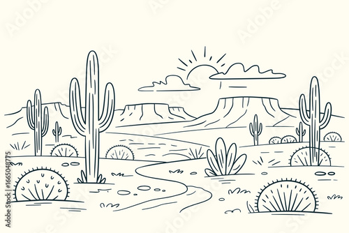 Black and White Vintage Western Desert Illustration with Saguaro Cacti, Mesas, Sun, Clouds, Rocks, Sketchy Ink Hand-Drawn Style