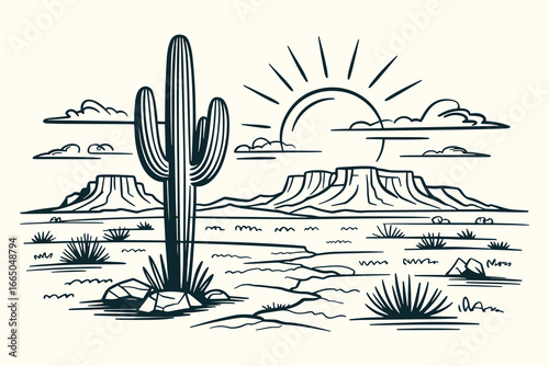 Black and White Vintage Western Desert Illustration with Saguaro Cacti, Mesas, Sun, Clouds, Rocks, Sketchy Ink Hand-Drawn Style