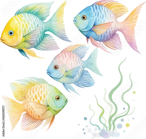 Watercolor illustration of colorful fishes with seaweed on white background