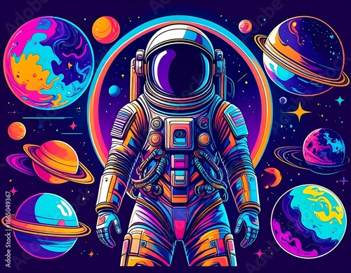 Colorful astronaut in space surrounded by vibrant planets