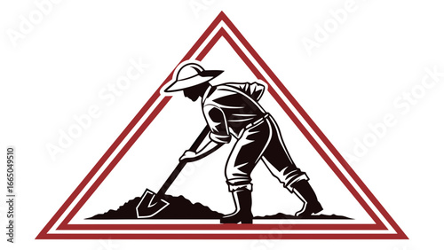 Vector illustration of a manual laborer with a shovel inside a triangular emblem, symbolizing agriculture and construction