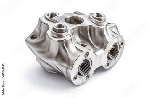 Intricate metal component with hexagonal bolts on white background