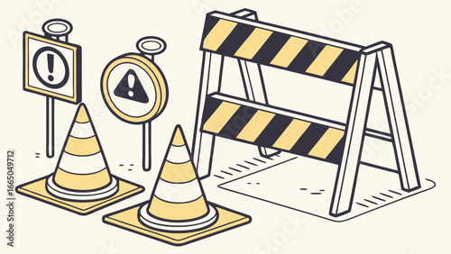 Road Closed Illustration Barricades, Cones, and Warning Signs
