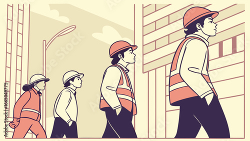 Construction Workers Walking on City Street A Modern Illustration