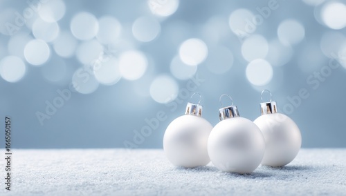 Three white christmas ornaments on a bed of simulated snow.