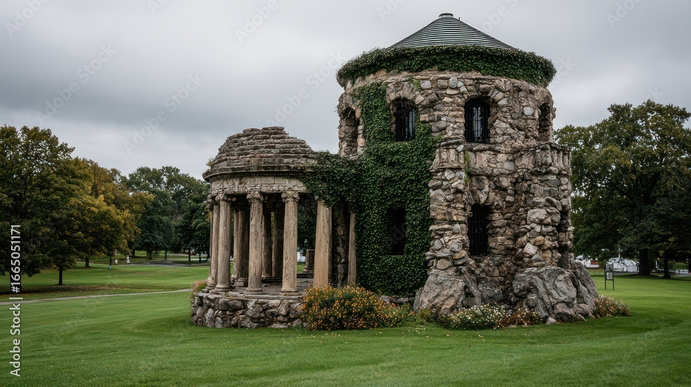 Fototapeta premium Stone gazebo, overgrown with vines, in a park