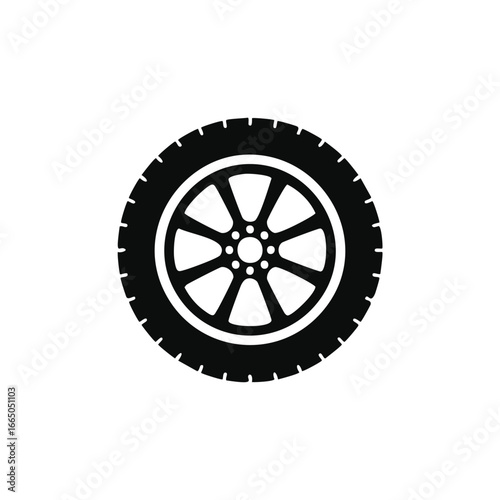 Black car wheel with silver spokes and tire tread vector