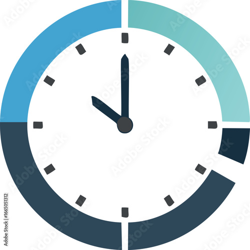 Clock face with blue and teal segments and dark hands time dial