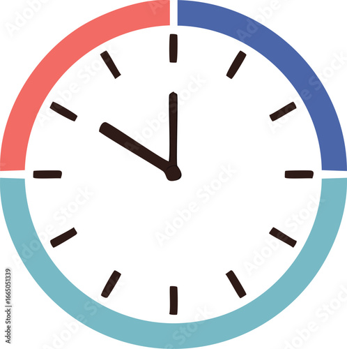 Clock face with colored segments and dark hands time analog