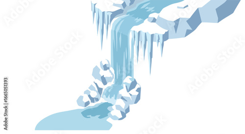 Waterfall flows on icy cliffs with icicles, water pools at the bottom. Vector asset