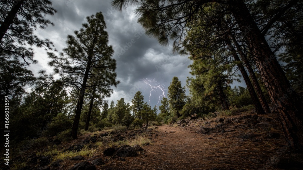 Fototapeta premium Forest path under stormy sky, lightning