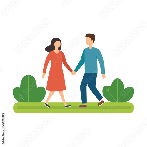 Couple walking hand in hand through green bushes holding hands park