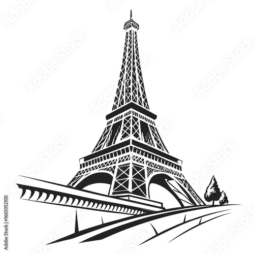 Stylized black ink illustration of Eiffel Tower with surrounding landscape elements Paris France