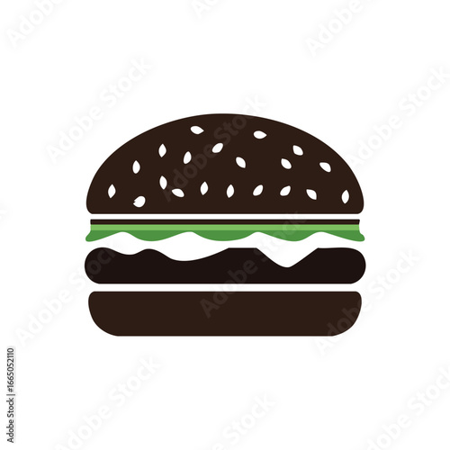 Dark brown burger with green lettuce and white seeds hamburger food