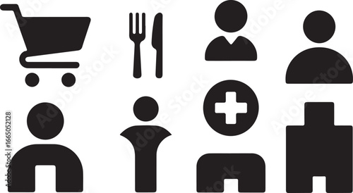 Simple Black Icons for Shopping, Dining, People & Healthcare
