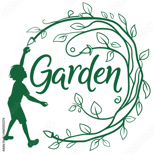 Green silhouette of a child reaching for leaves around the word Garden vector