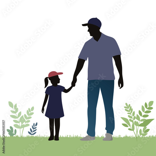 Father and daughter holding hands in a grassy field family outdoors