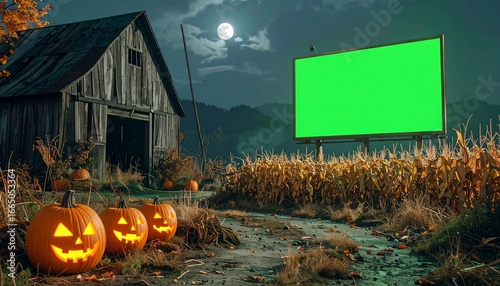 Spooky Halloween night scene with glowing jack-o'-lanterns, a rustic barn, and a large green screen billboard in a cornfield