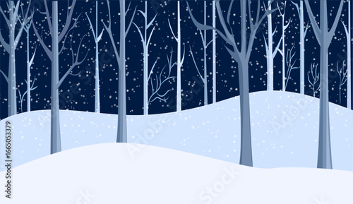 A tranquil winter landscape depicts a serene snowy terrain adorned with towering bare trees. Snowflakes gently fall against a deep blue night sky, creating a peaceful atmosphere.