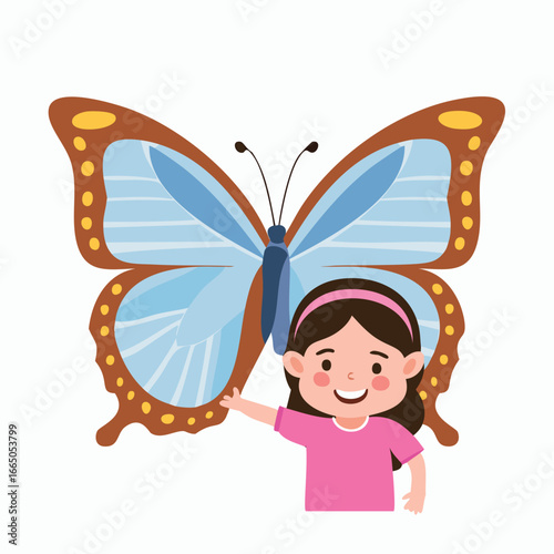 Girl with large blue and brown butterfly child insect