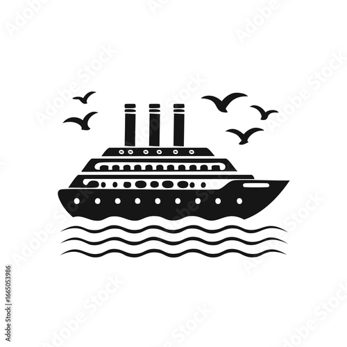 Fotografie Black steamship sailing with birds flying above boat water