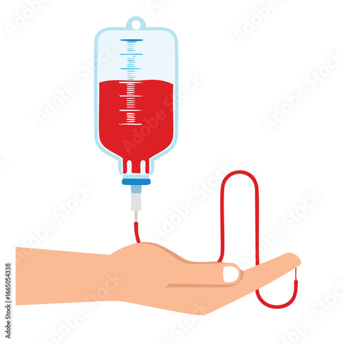 Blood transfusion bag connected to human arm medical intravenous