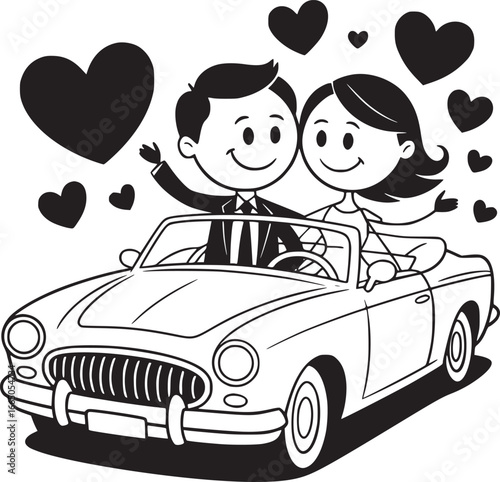 Love on the Road: A joyous couple, hand-in-hand, embark on a romantic journey in a classic convertible, their hearts soaring with love, captured in a beautiful illustration. 