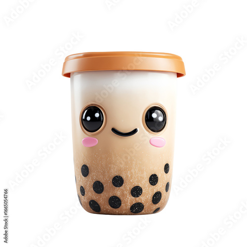 3D Render of Cup of Bubble Tea with Cute Face and Boba Eyes Isolated on Transparent White Background