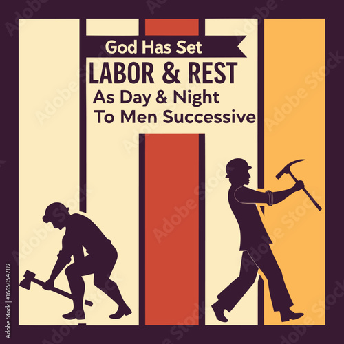Retro graphic celebrating labor and rest with silhouetted workers and text vector