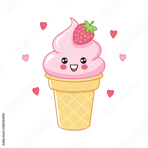 Kawaii strawberry ice cream cone with hearts pink