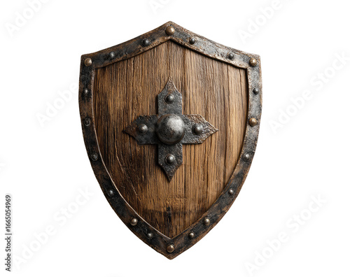 Wooden shield with metal border and cross
