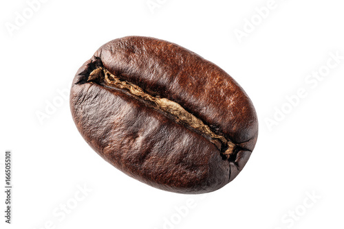 Close-up of a single coffee bean, dark brown, oval-shaped, with visible ridges and texture