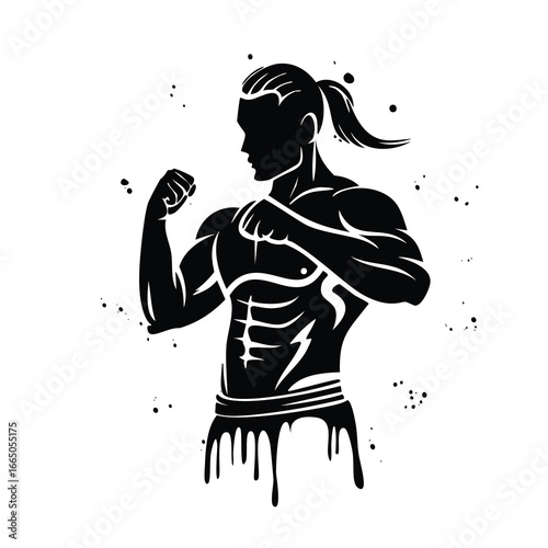 Muscular fighter in fighting stance with dripping effect silhouette black and white
