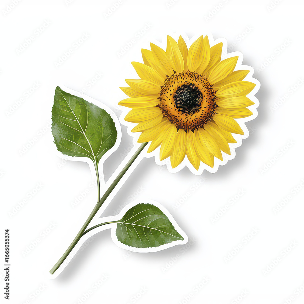 Obraz premium Bright sunflower with green leaves, perfect for decoration or design projects, radiating warmth and positivity
