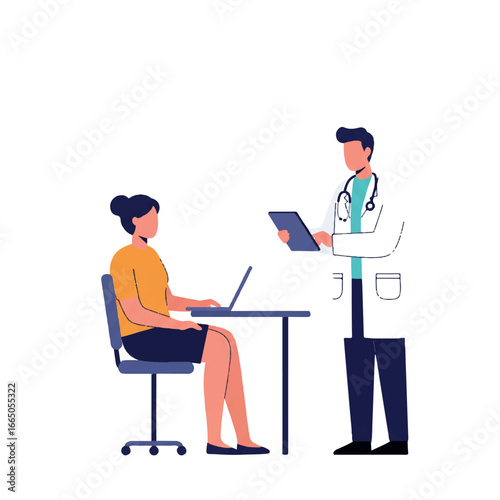 A doctor consults a patient using a tablet, depicting modern digital healthcare in a minimalist 2D flat vector illustration style with clean lines and solid colors, isolated on white.