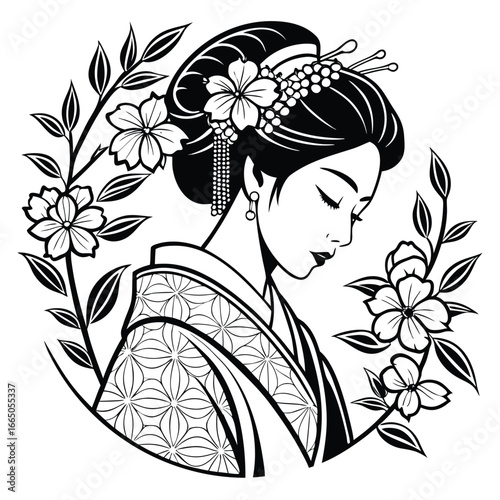 Black and white illustration of a Japanese geisha with cherry blossoms and patterned kimono flowers