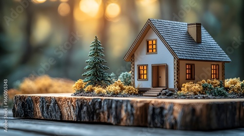 Cozy wooden house model in a winter landscape