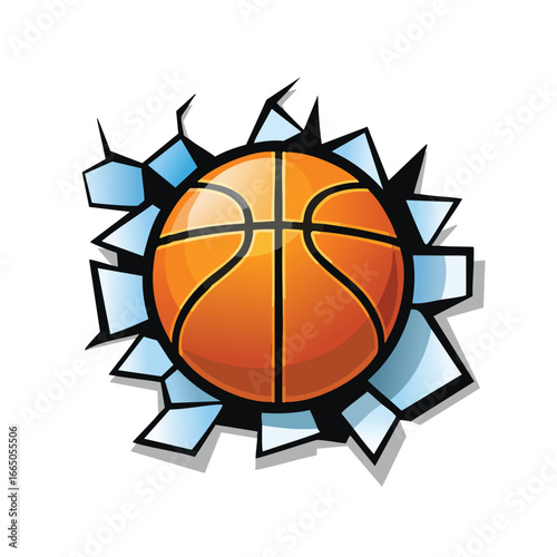 Orange basketball breaking through blue shards white sports