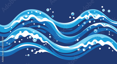 A stylized illustration of wavy ocean water with bubbles on a dark blue background