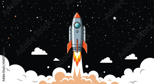 A cartoon rocket ship blasting off into a starry night sky with clouds