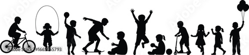 Silhouettes of kids playing, children outdoor activity, boys and girls riding, jumping, running, holding balloons, skipping rope, fun childhood moments, vector illustration set