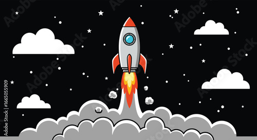 A cartoon rocket ship blasting off into the night sky with clouds and stars