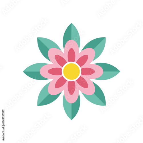 Pink and teal flower with yellow center floral bloom