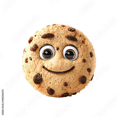 3D Render of Cute Chocolate Chip Cookie with Eyes and Tiny Smile Isolated on Transparent White Background