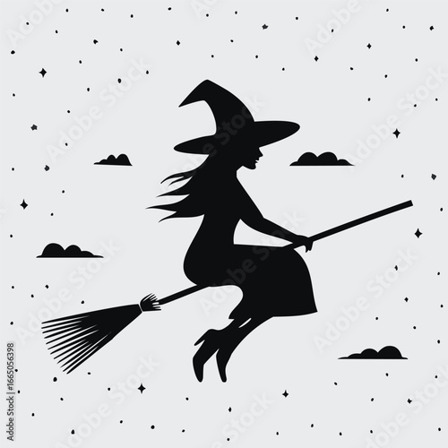 Silhouette of a witch flying on a broomstick through the night sky vector