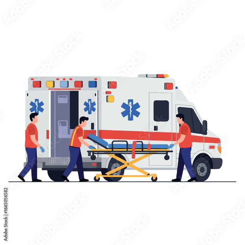 An emergency ambulance with paramedics attending to a stretcher is depicted in a clean 2D flat vector illustration, featuring minimalist solid colors on a white background.