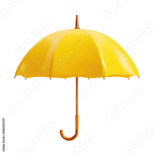 A vibrant yellow umbrella, centered against a black background.  The umbrella's canopy is a bright, solid yellow, and its wooden handle is a rich brown.  It is a simple, stylized image