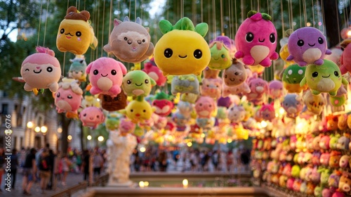 Colorful plush toys hanging, city park